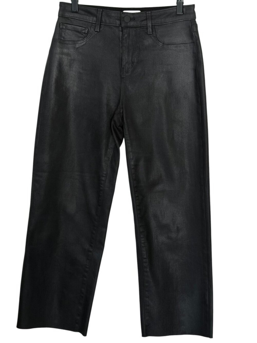 NWOT L'Agence Wanda Noir Coated Denim Jean High Rise Cropped Wide Leg Raw Hem 26